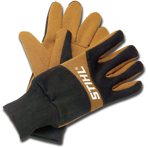 Brown and black Stihl work gloves with ribbed cuffs.