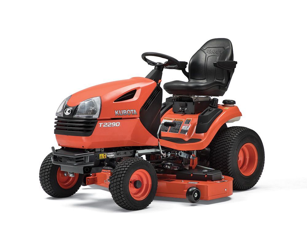 Orange Kubota riding lawn mower on a white background.