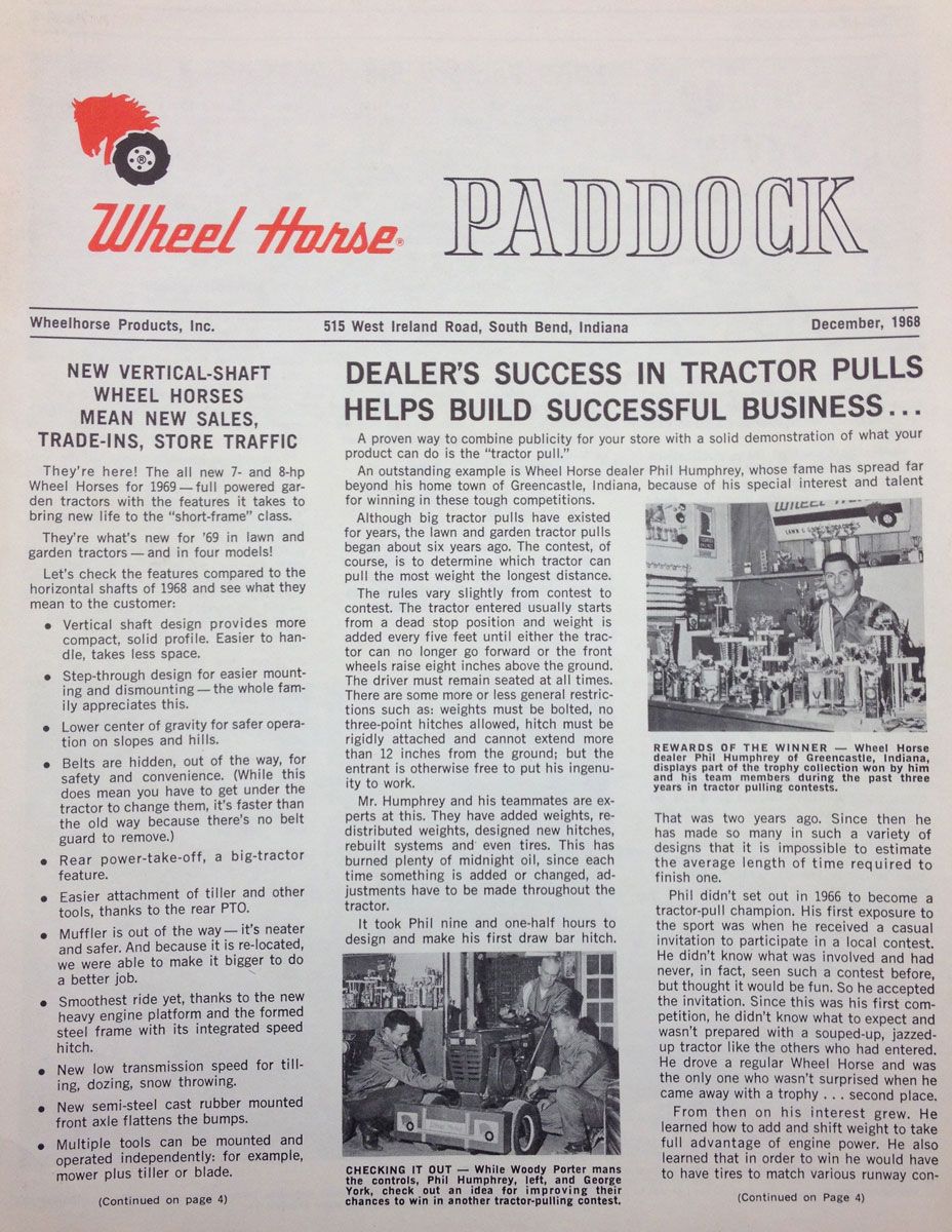 Wheel Horse Paddock newsletter page with text and photos about tractor pulls and dealer success.