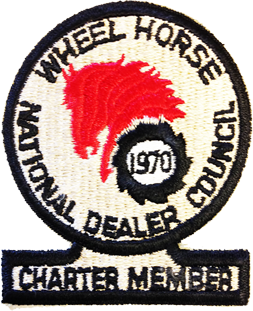 Patch with red horse head and gears, text 