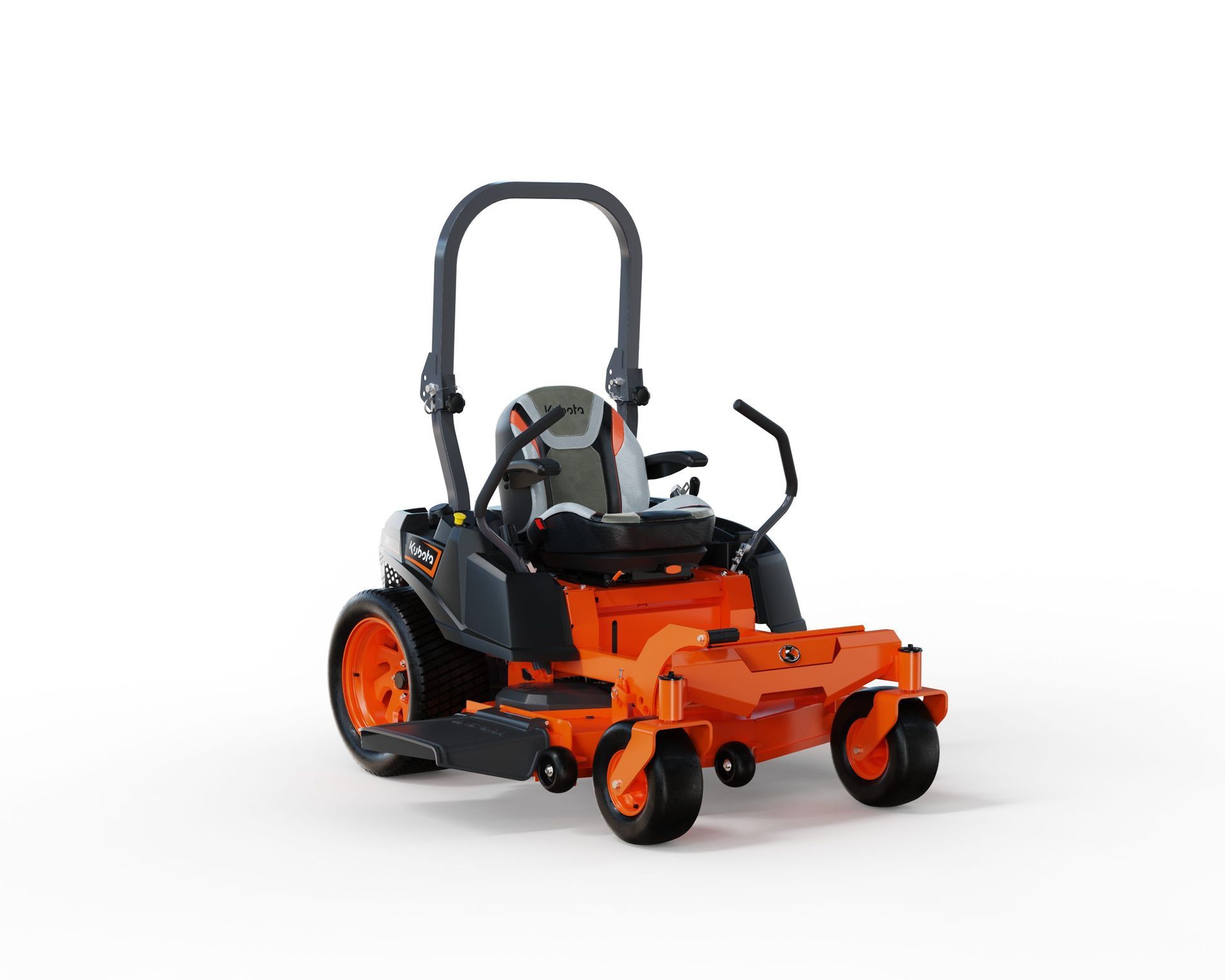 Orange and black zero-turn lawn mower on a white background.