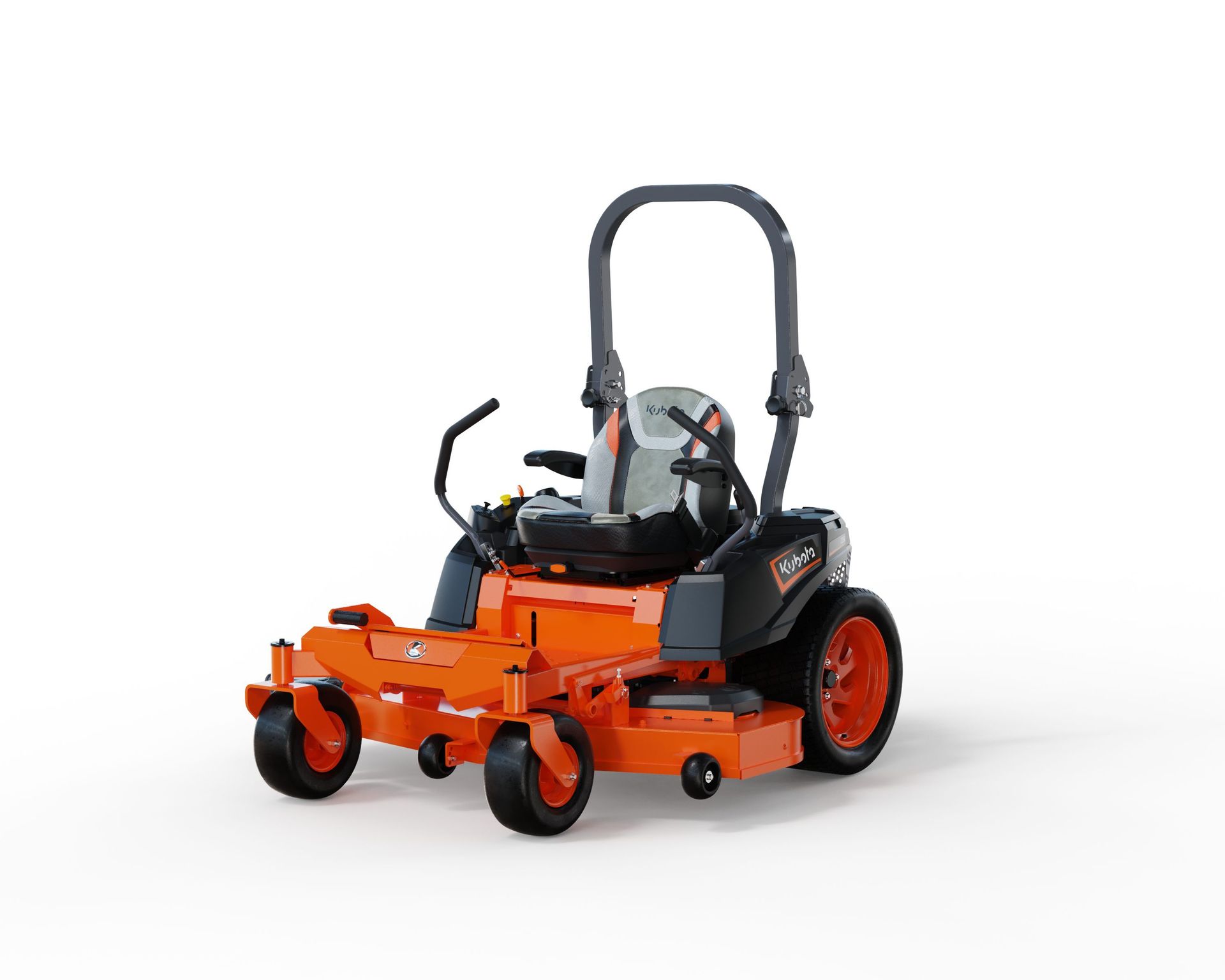 Orange and black zero-turn lawnmower on a white background.