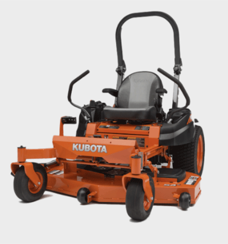 Orange Kubota zero-turn lawnmower on a white background.
