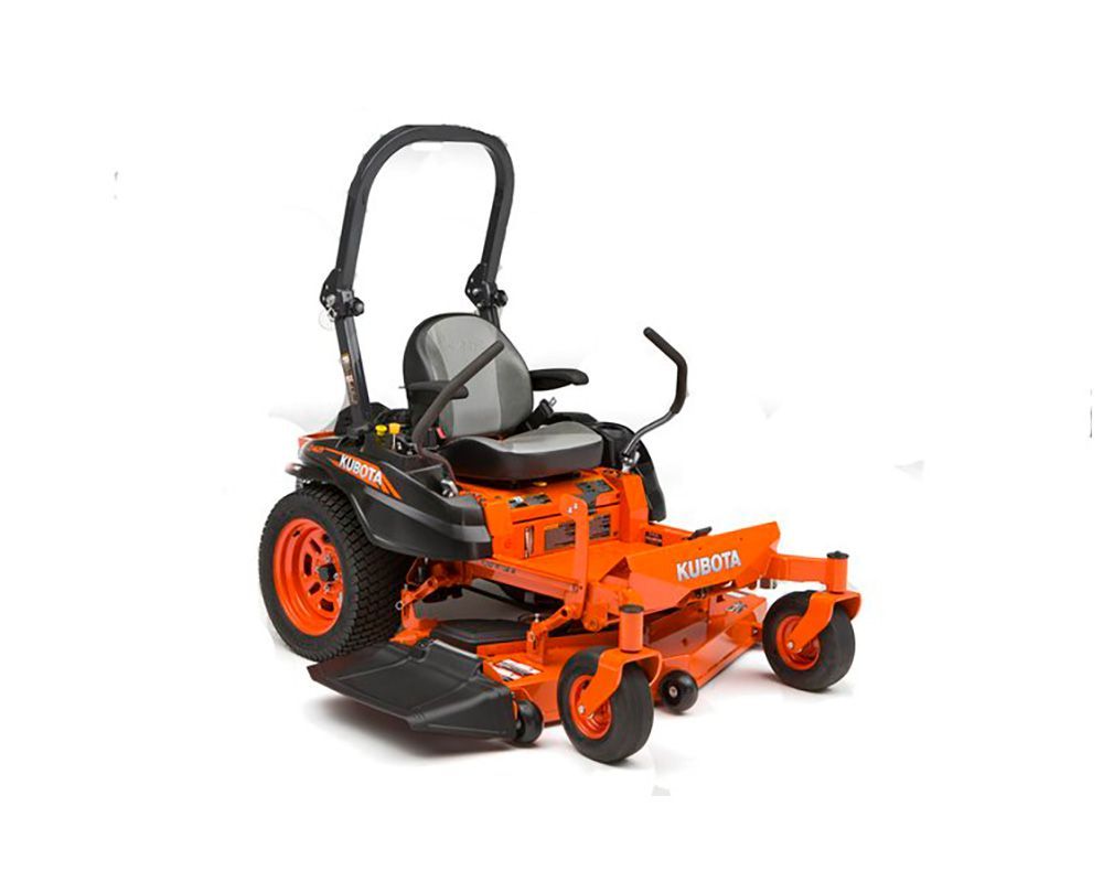 Orange and black zero-turn lawnmower on a white background.