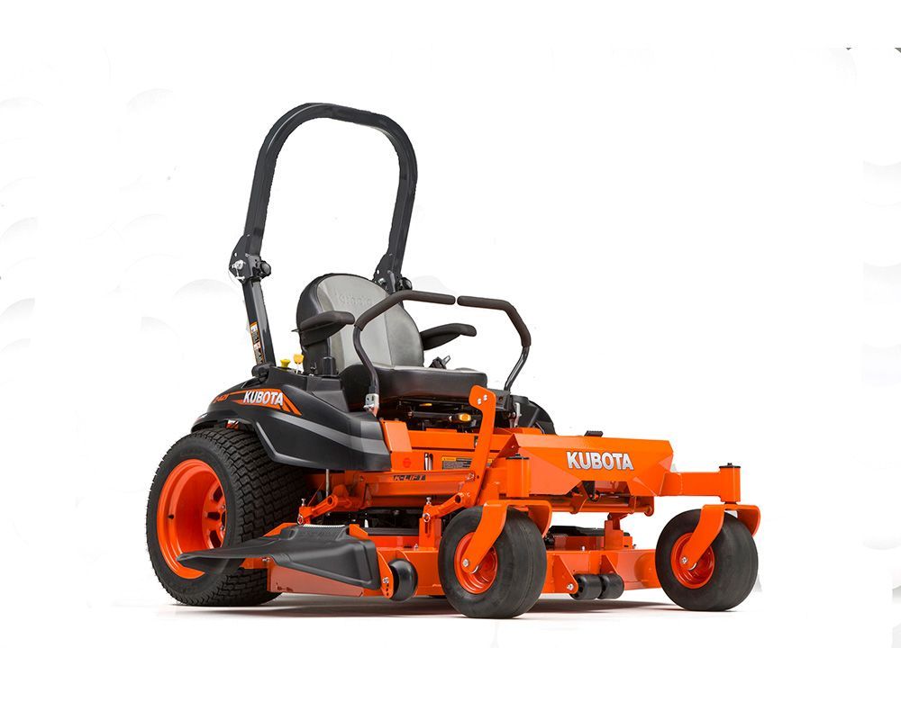 Orange Kubota zero-turn lawn mower on a white background.