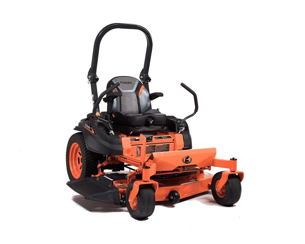 Orange and black zero-turn lawn mower on a white background.