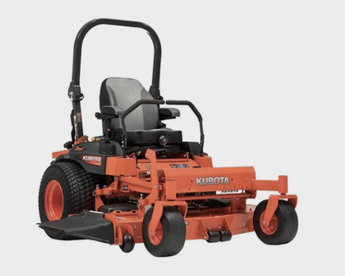 Orange Kubota zero-turn lawn mower on a white background.