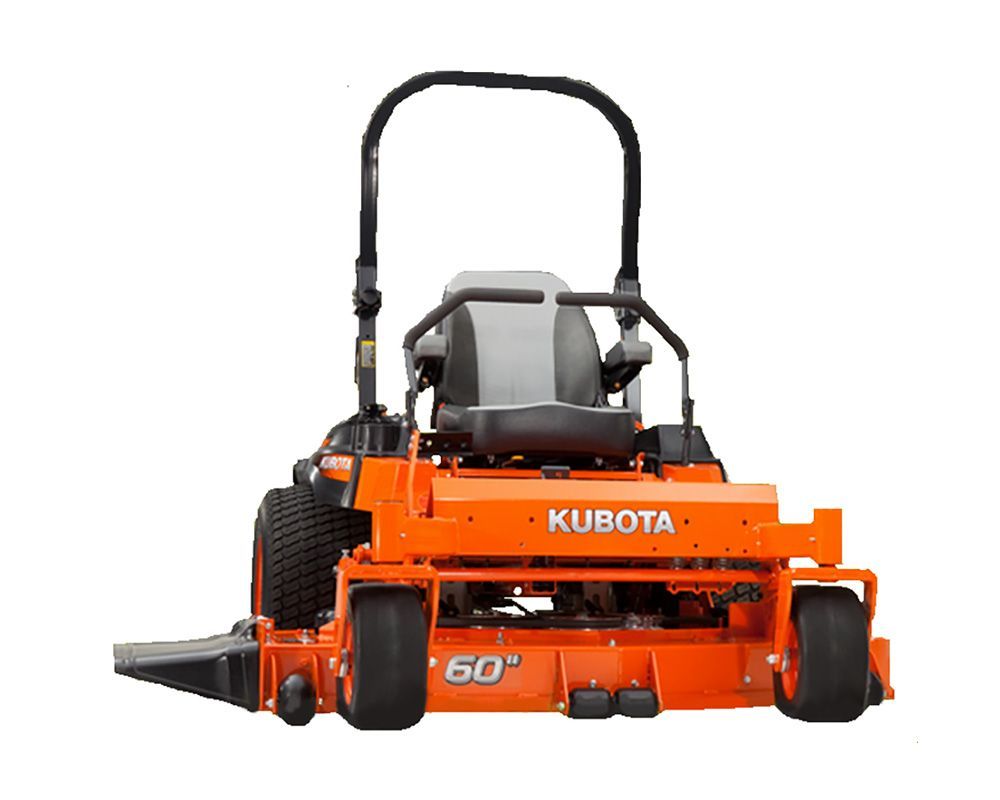Orange Kubota zero-turn mower with a 60-inch cutting deck. Black frame and seat.