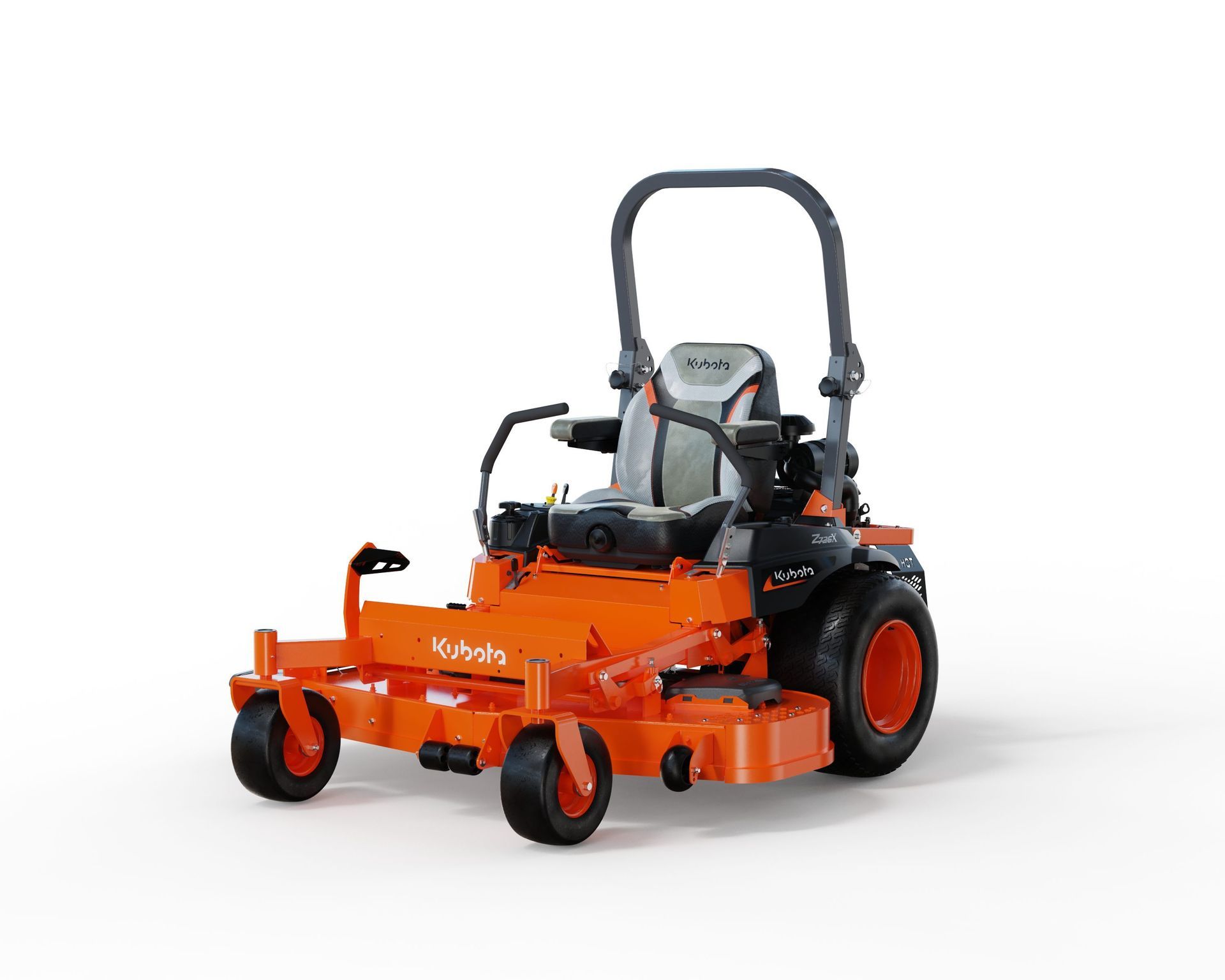 Orange Kubota zero-turn lawn mower, with a black roll bar and operator seat, on a white background.