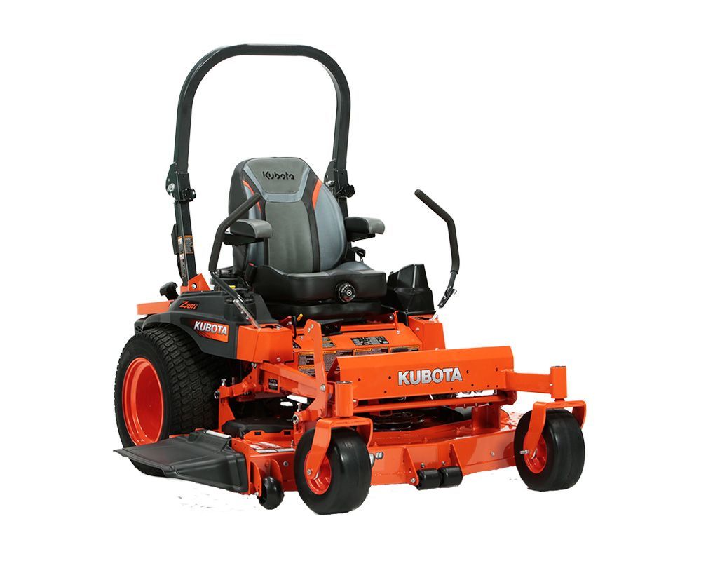 Orange Kubota zero-turn lawn mower on a white background.