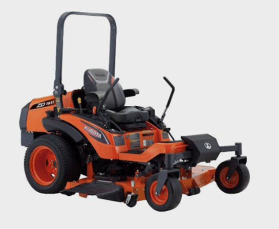 Orange Kubota zero-turn mower on a light gray background.
