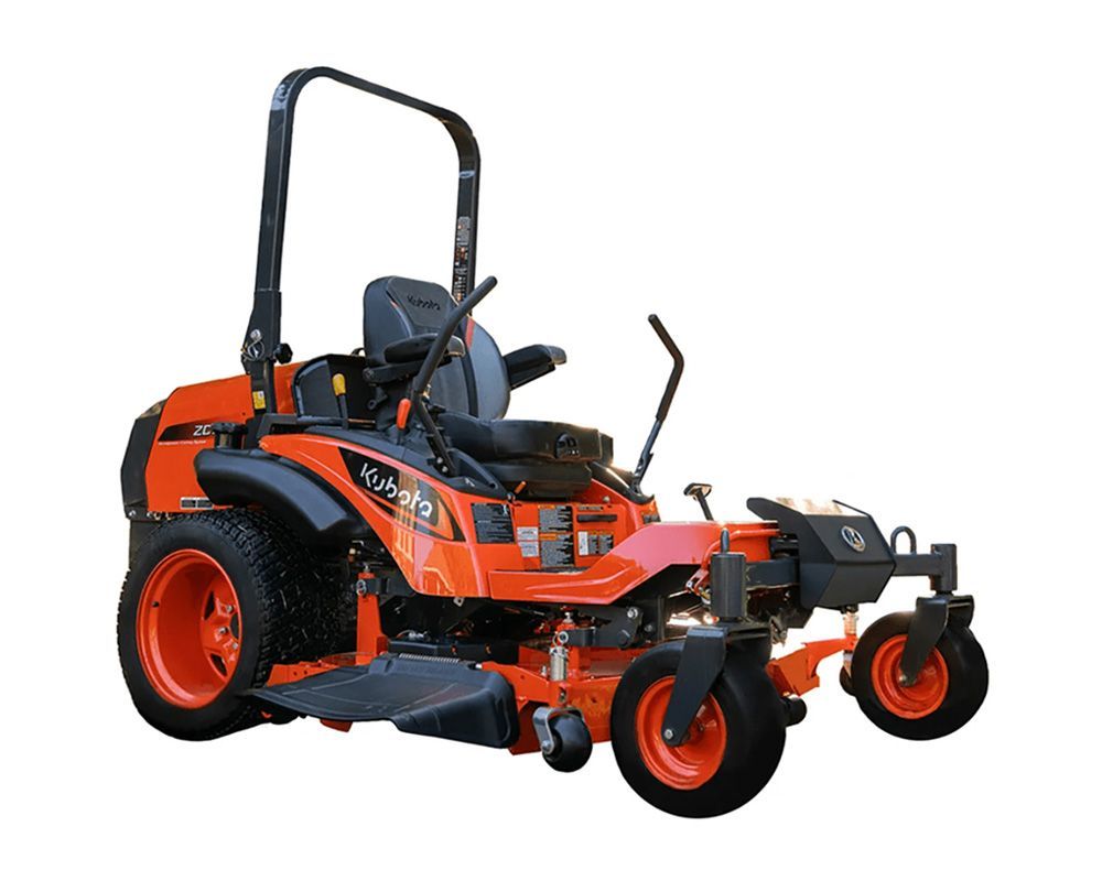 Orange zero-turn riding lawn mower on a white background.