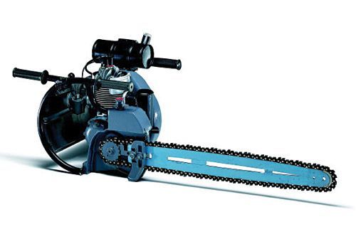 Blue vintage chainsaw with black handle and chain, against a white background.