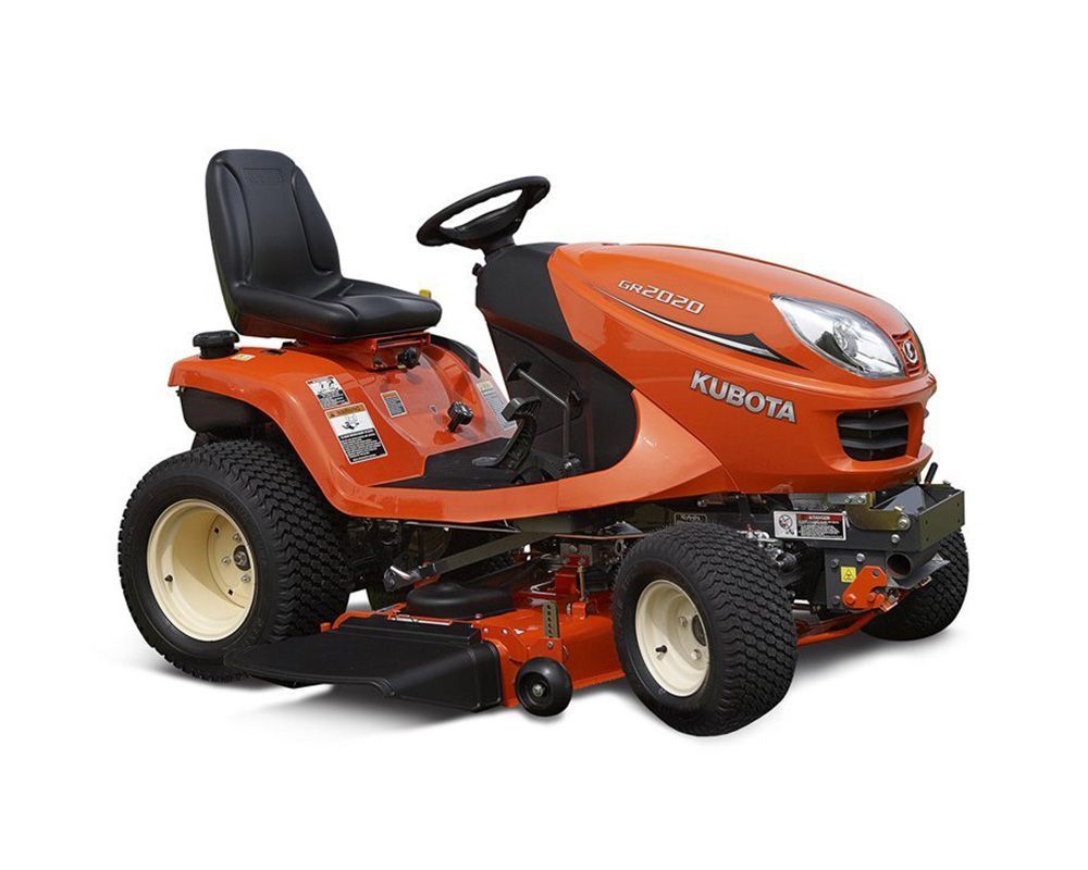 Orange Kubota riding lawn mower.