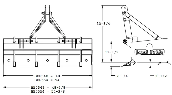 Diagram of a Land Pride rear blade with dimensions labeled in inches.