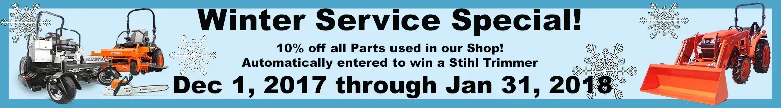Winter Service Special. Includes snow blowers, tractors, and text indicating December 1, 2017 - January 31, 2018.