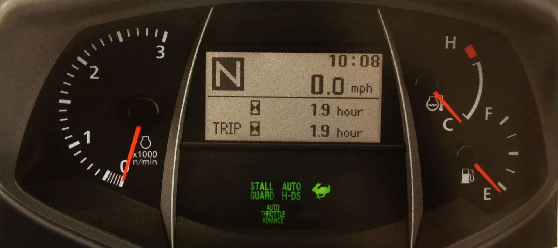 Dashboard showing RPM, speed, temperature, and fuel gauges, with neutral gear indicator and operating hours displayed.
