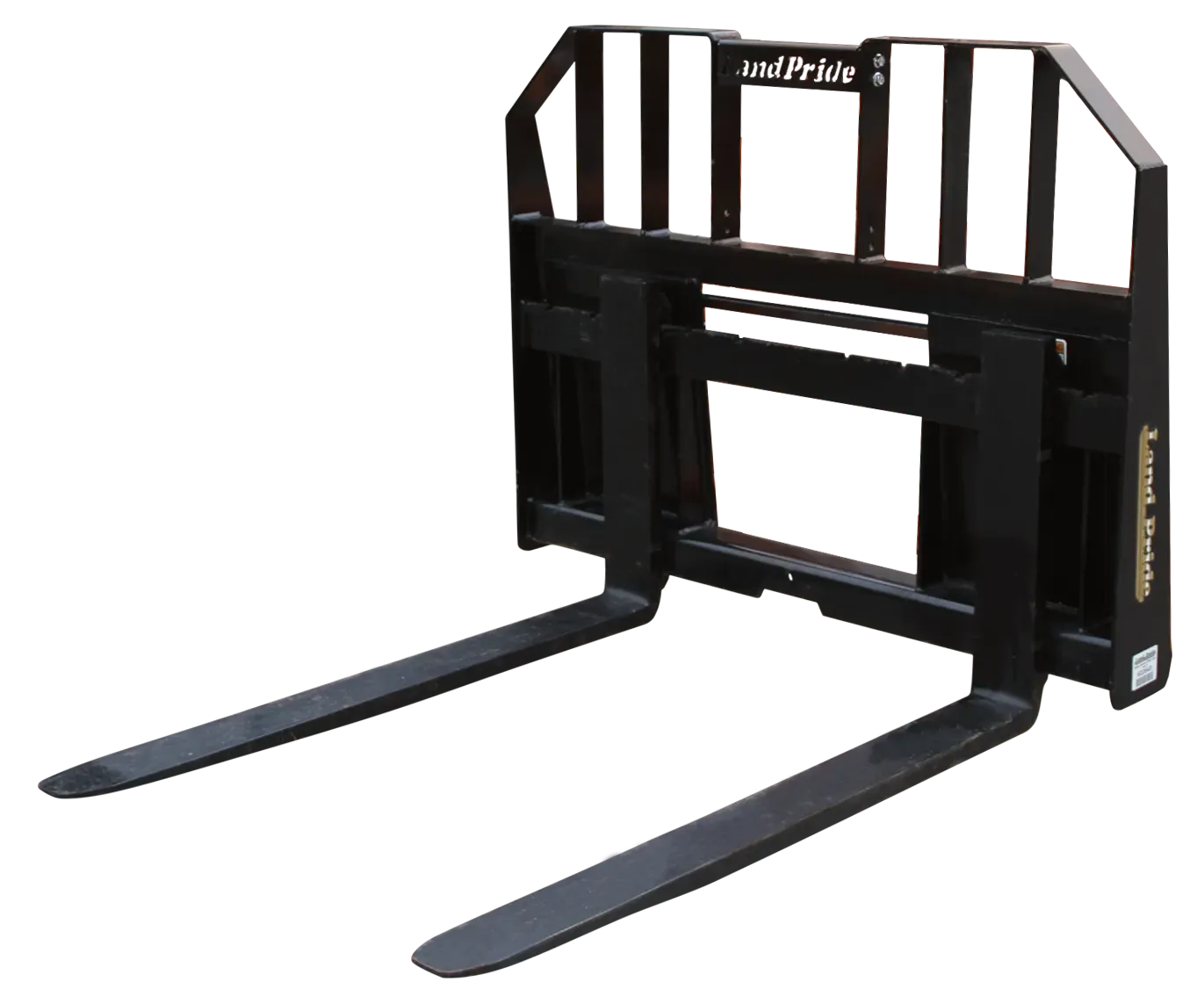 Black forklift attachment with two long, horizontal forks and a vertical backrest.
