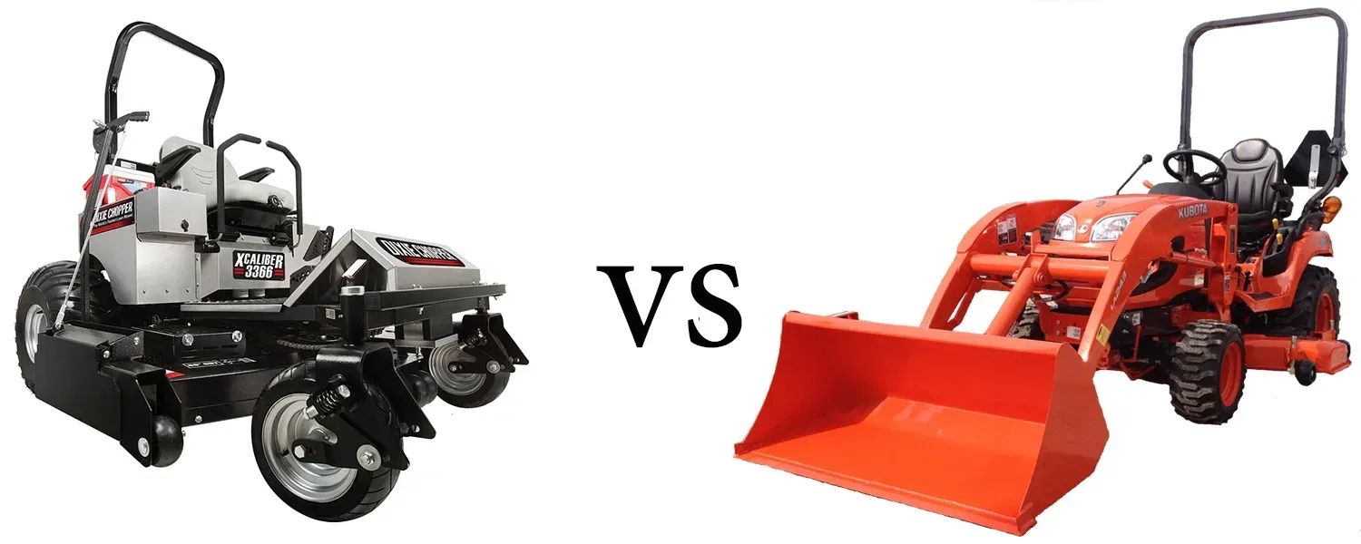A zero-turn mower vs. a tractor with a front-end loader.