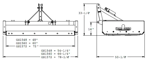 Diagram of a land grader with dimensions labeled. The grader has a box blade and a 3-point hitch.