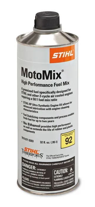 Can of STIHL MotoMix High Performance Fuel Mix. Contains 92 octane.