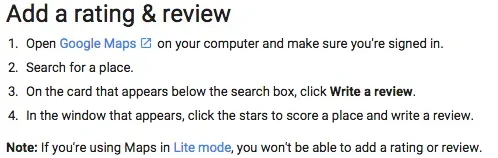 Instructions for adding a rating and review in Google Maps.