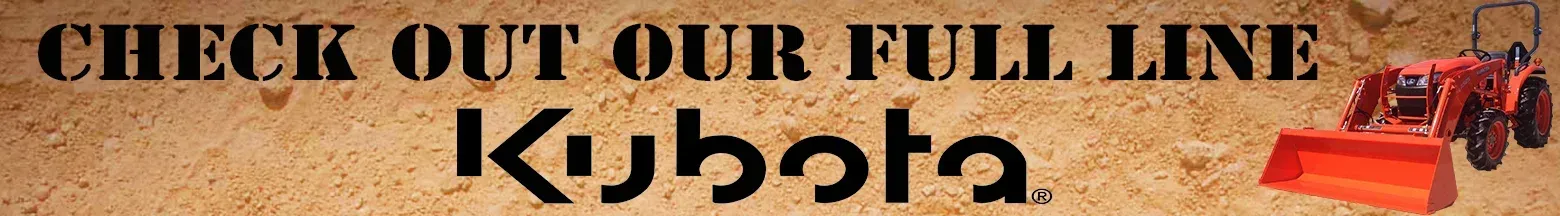 Banner ad for Kubota tractors. Brown background with text