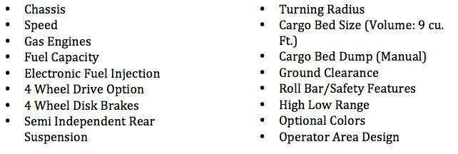 List of features for a vehicle, including chassis, speed, gas engines, and cargo bed size.