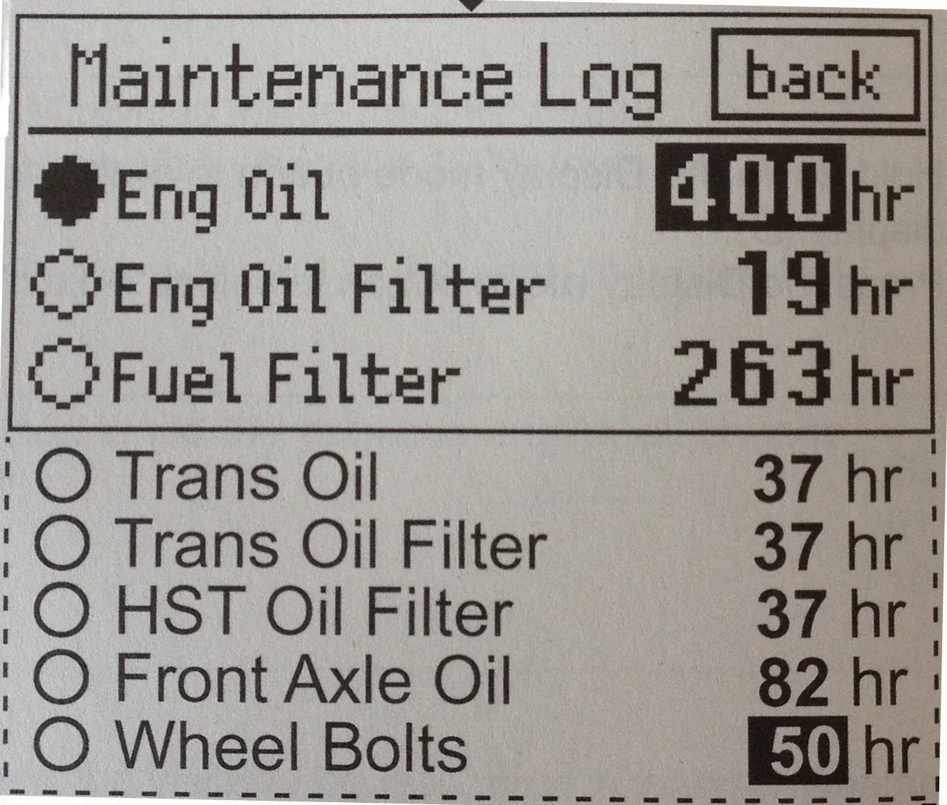 Maintenance log displaying service intervals for engine oil, filters, transmission oil, etc.