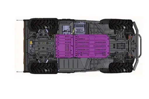 Underside view of a vehicle with large tires, showing suspension, mechanical components, and a central purple battery pack.