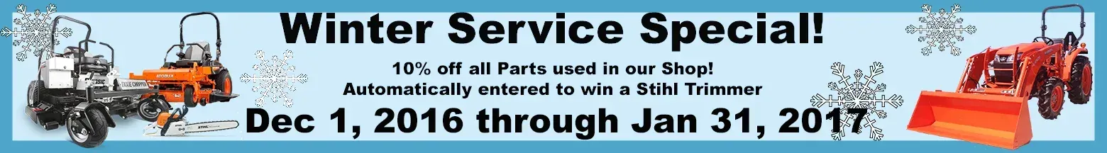 Winter Service Special: Dec 1, 2016 through Jan 31, 2017. Snow removal equipment and snowflakes.