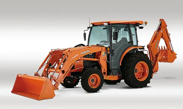 Orange tractor with a front-end loader and backhoe attachment on a neutral background.