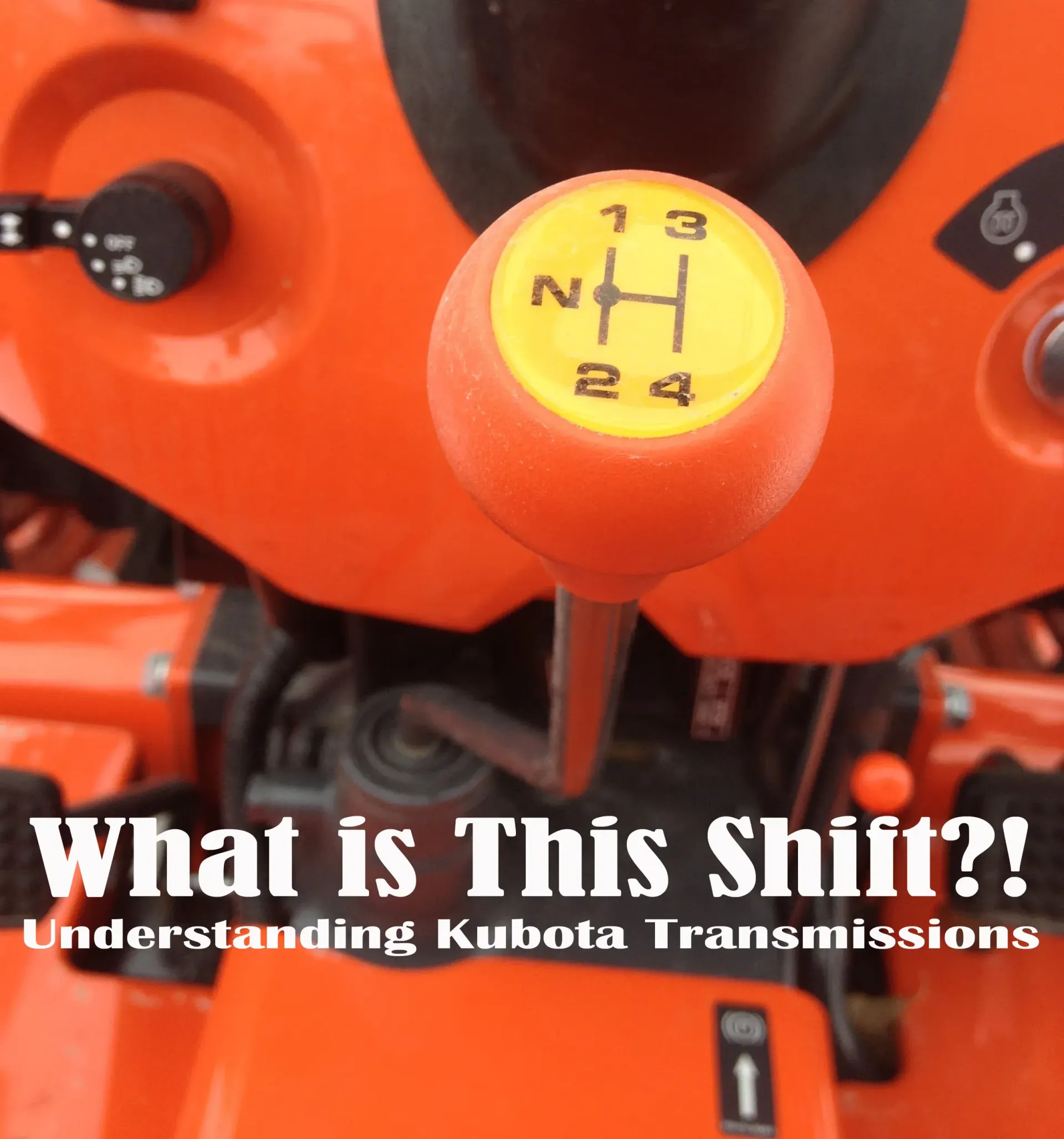 Orange tractor gear shift knob with yellow top, labeled with gears and neutral.