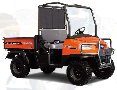 Orange Kubota utility vehicle with a black cargo bed, wheels, and roll bar.