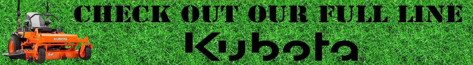 Orange Kubota lawnmower on grass with text: