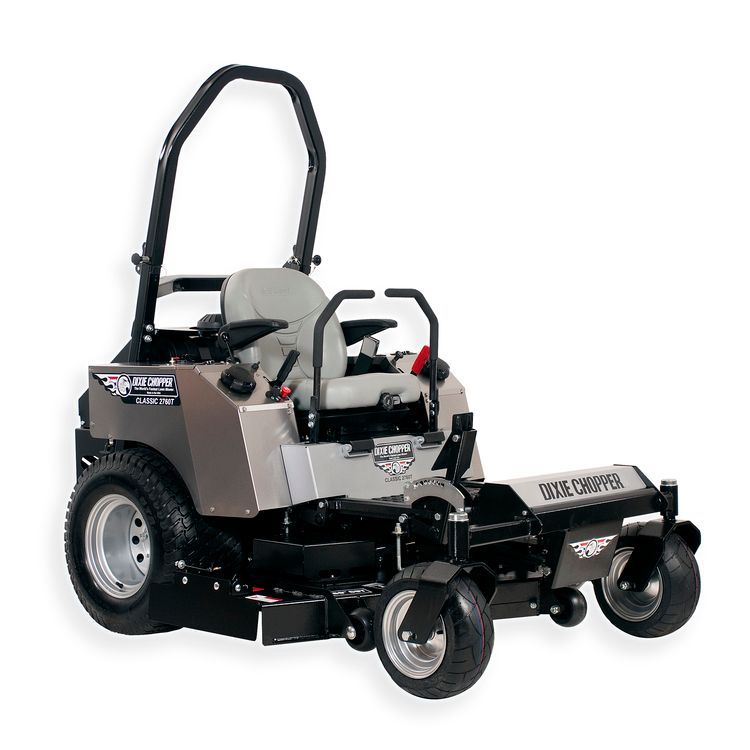 Blue and silver zero-turn lawnmower on a white background.