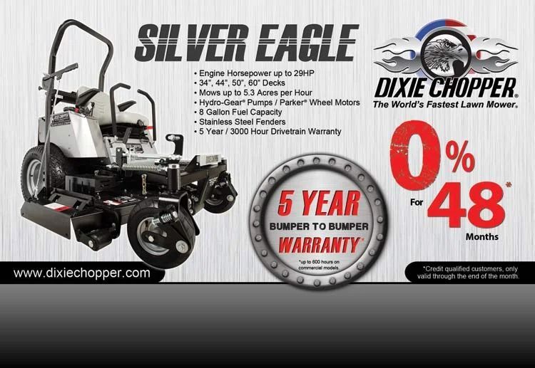 Silver Eagle zero-turn lawnmower. Features a 5-year warranty and a 0% financing offer for 48 months.