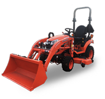 Orange compact tractor with front loader.