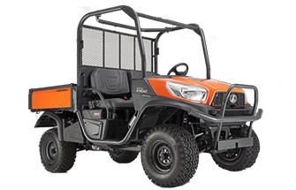 Orange and black Kubota utility vehicle with roll cage and cargo bed.