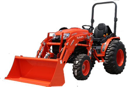 Orange Kubota tractor with a front loader bucket.