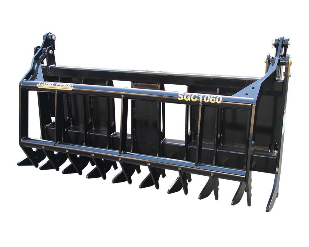 Black grapple bucket attachment with teeth and a closed jaw, for a skid steer loader.