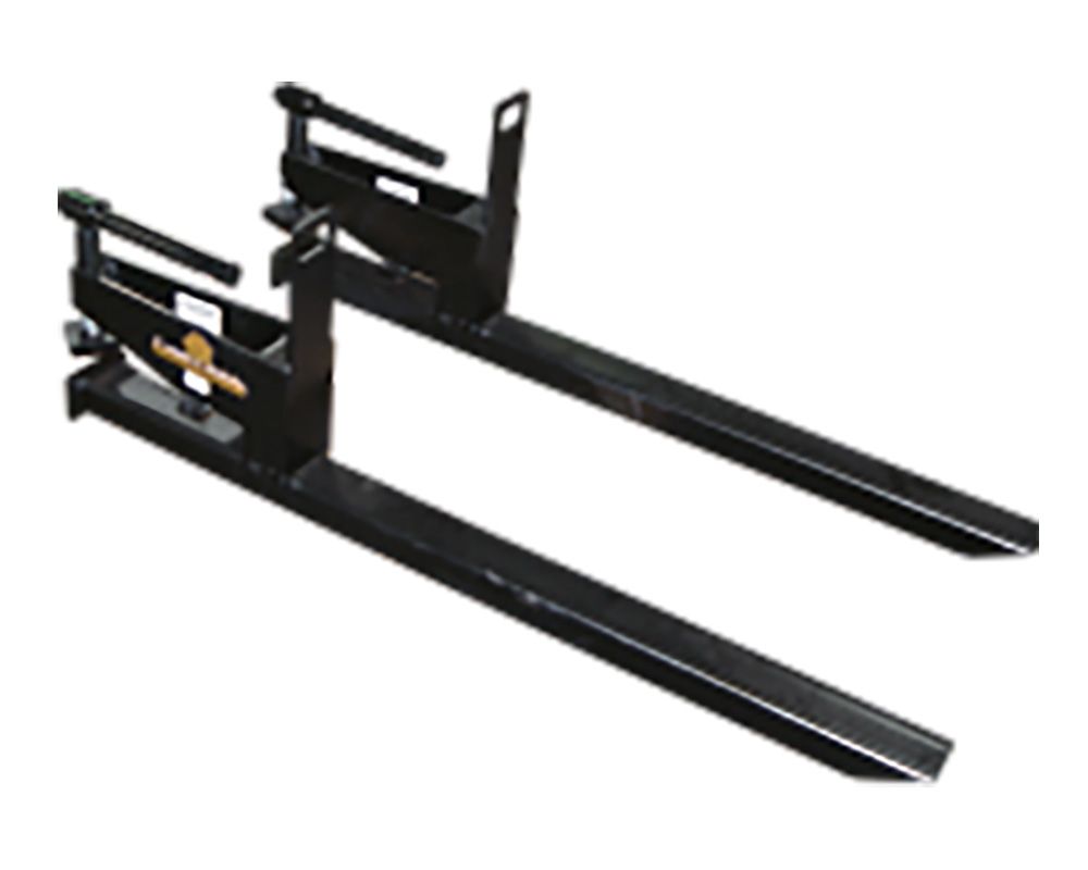 Black pallet forks attached to a mounting frame, ready for lifting loads.