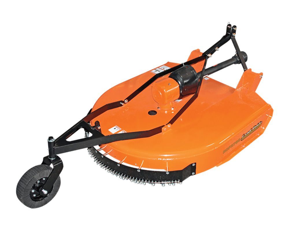 Orange brush hog mower with a black frame and wheel.