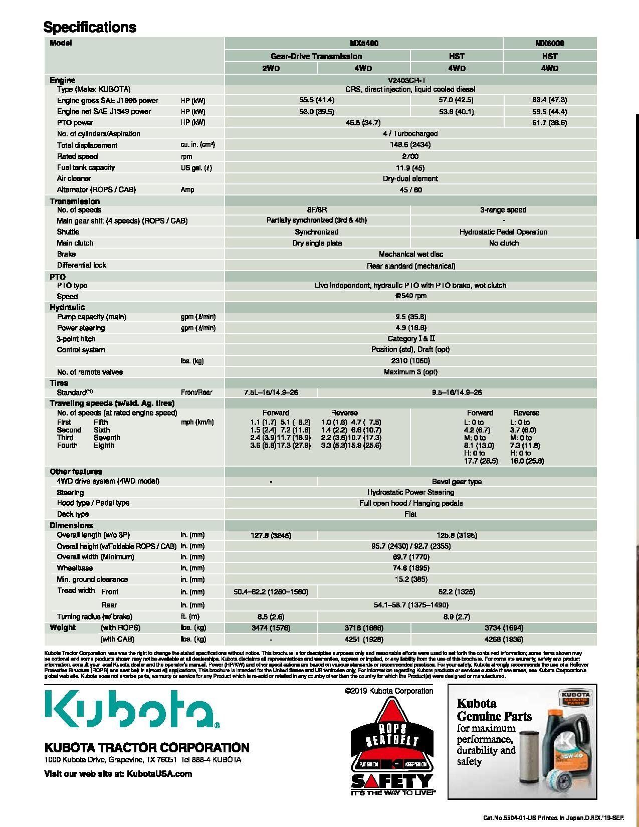 Kubota tractor specifications sheet with technical data, dimensions, and engine details.