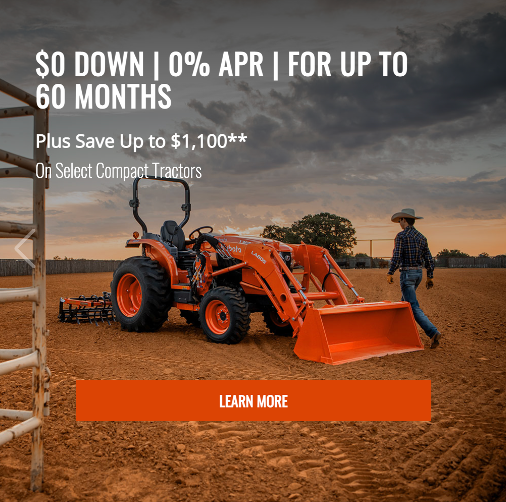 Orange tractor on a field, with a person walking towards it. Special offer: $0 down, 0% APR for 60 months, save up to $1,100.