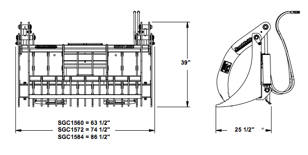 Diagram of a grapple bucket, showing dimensions.