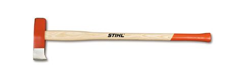 Stihl splitting maul with an orange head and handle end on a white background.