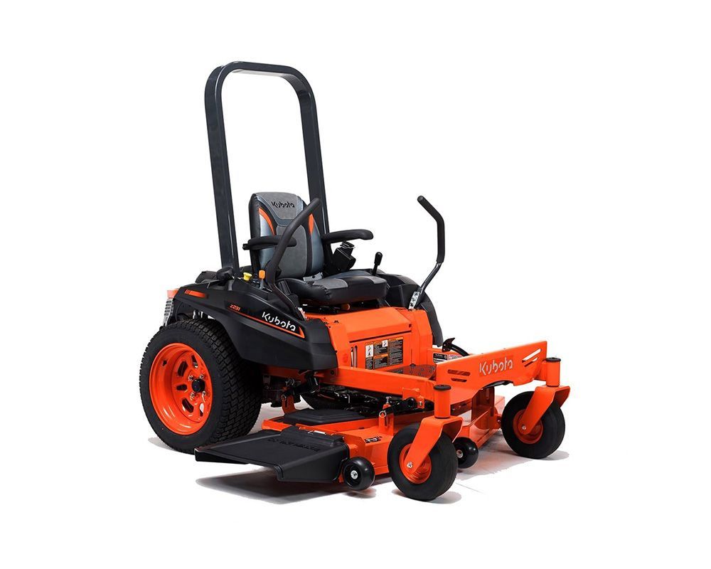 Orange and black zero-turn lawn mower on a white background.
