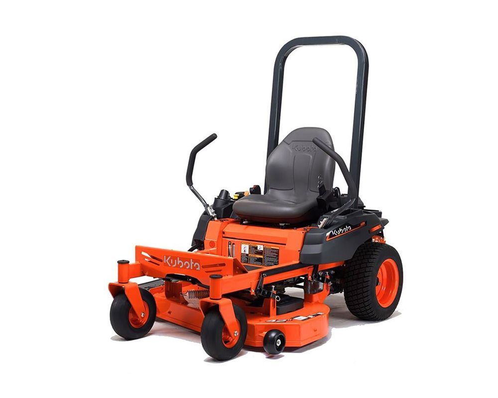 Orange Kubota zero-turn lawnmower on a white background.
