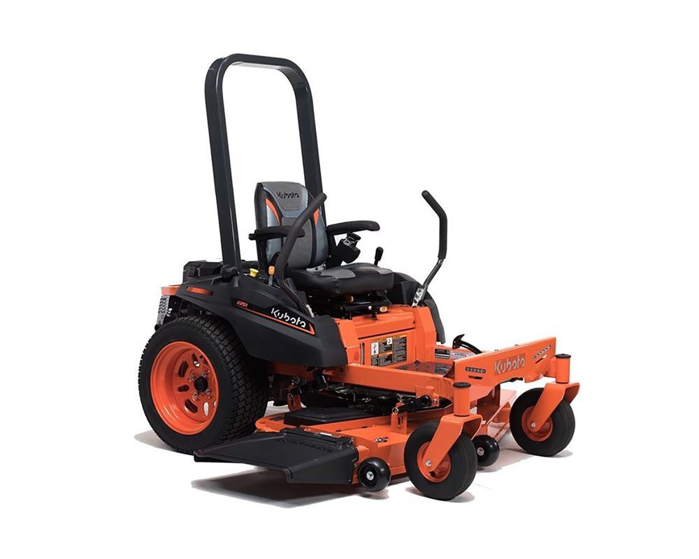 Orange and black zero-turn lawnmower on a white background.